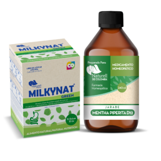 Caja de Milkynat y frasco de jarabe de menta, medicamentos homeopáticos para desintoxicar
