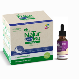 Caja de té NaturTea Night y frasco de somnibiol en gotas, medicamentos naturales ideales para conciliar el sueño de manera rápida